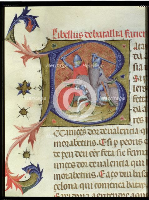 Llibre Verd, book of the city of Barcelona. 'Fight between knights', miniature decorating the ini…