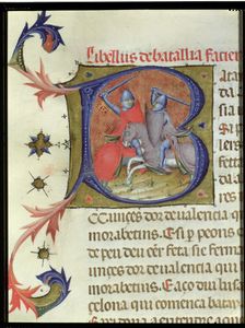 Llibre Verd, book of the city of Barcelona. Fight between knights miniature decorating the ini…
