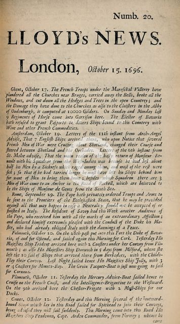 'Lloyd's News. London, October 15, 1696 - Numb. 20', (1928). Artist: Unknown.