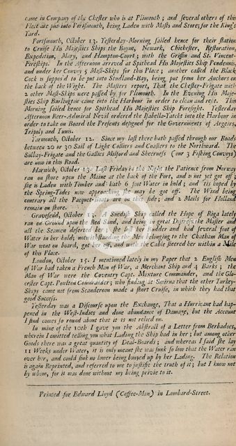 'Lloyd's News. London, October 15, 1696 - Numb. 20', 1928. Artist: Unknown.