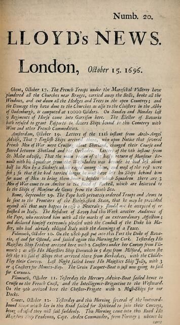 'Lloyd's News. London, October 15, 1696 - Numb. 20', (1928). Artist: Unknown.
