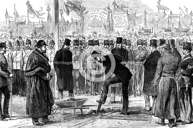 Lt.-Col. Gerard Smith cutting the first turf of the Hull, Barnsley...West Riding Ry. and Dock, 1881. Creator: Unknown.