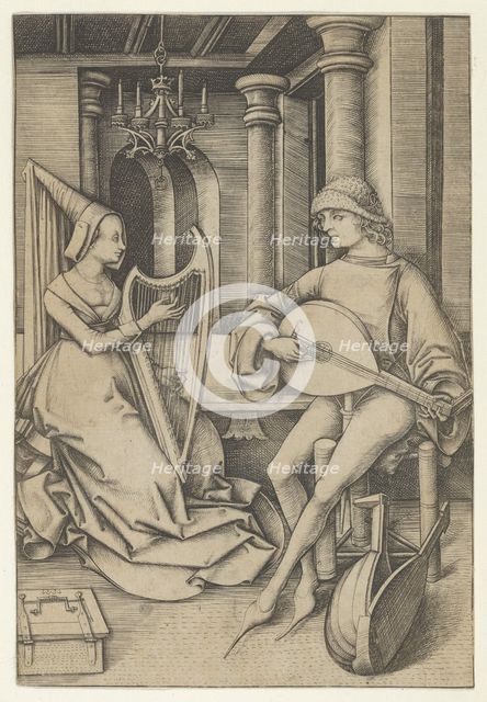 Lute Player and Harpist, from Scenes of Daily Life,.n.d. Creator: Israhel van Meckenem.