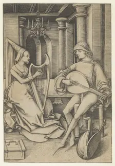 Lute Player and Harpist, from Scenes of Daily Life,.n.d. Creator: Israhel van Meckenem