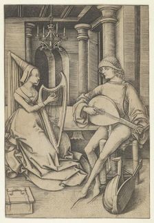 Lute Player and Harpist, from Scenes of Daily Life,.n.d. Creator: Israhel van Meckenem
