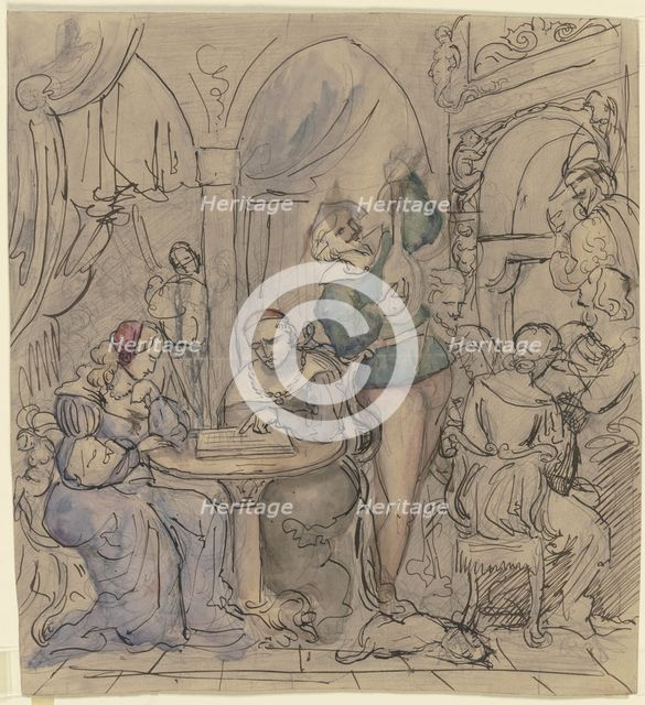 Lute player in historical costume, in elegant company, mid-19th century. Creator: Victor Muller.