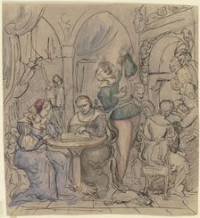 Lute player in historical costume, in elegant company, mid-19th century. Creator: Victor Muller