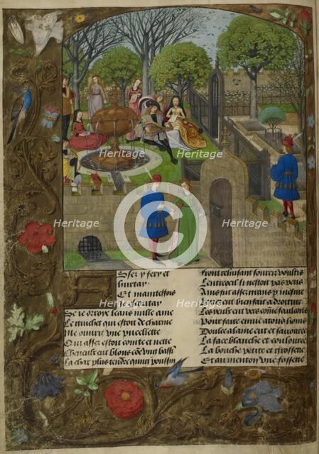 Lutenist and singers in a walled garden, the Lover and Dame Oyseuse..., 1490-1500. Creator: Unknown.