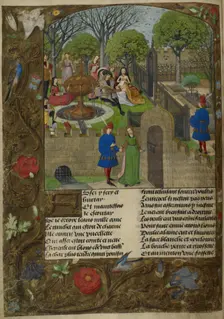 Lutenist and singers in a walled garden, the Lover and Dame Oyseuse..., 1490-1500. Creator: Unknown