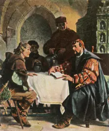 Luther as Junker Jörg in the Jena Inn with Swiss students, 1522, (1936). Creator: Unknown