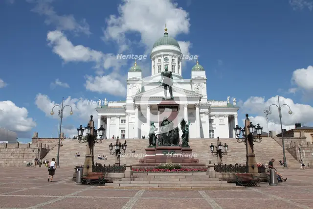 Lutheran Cathedral and the statue of Emperor Alexander II of Russia, Helsinki, Finland, 2011. Creator: Sheldon Marshall.