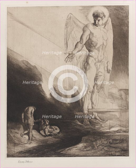 Lucifer Abandons Cain to his Fate, from Eight Etchings on Byron's Cain , 1919-1920. Creator: Rudolf Jettmar.
