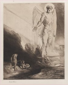Lucifer Abandons Cain to his Fate, from Eight Etchings on Byron's Cain , 1919-1920. Creator: Rudolf Jettmar