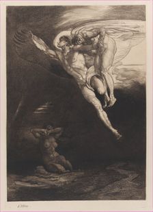 Lucifer Carries Cain up into the Finite Space, from Eight Etchings on Byron's Cain , ..., 1919-1920. Creator: Rudolf Jettmar
