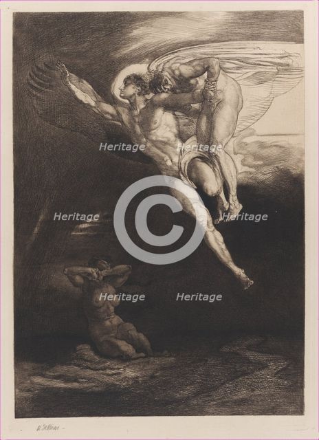 Lucifer Carries Cain up into the Finite Space, from Eight Etchings on Byron's Cain , ..., 1919-1920. Creator: Rudolf Jettmar.