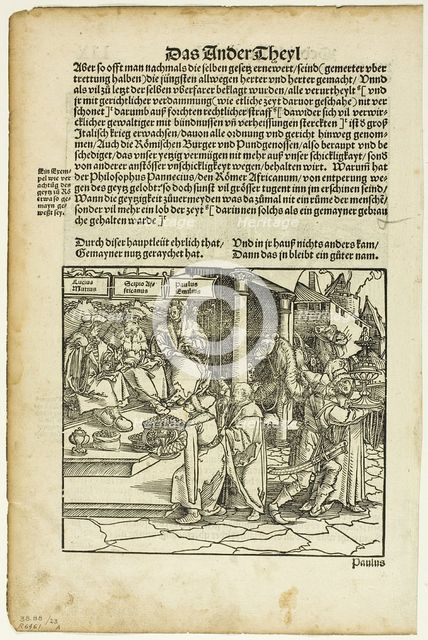 Lucius Mutius, Scipio Africanus, and Paulus Aemilius (recto) Battle Scene (verso) from..., 1937. Creator: Hans Weiditz.
