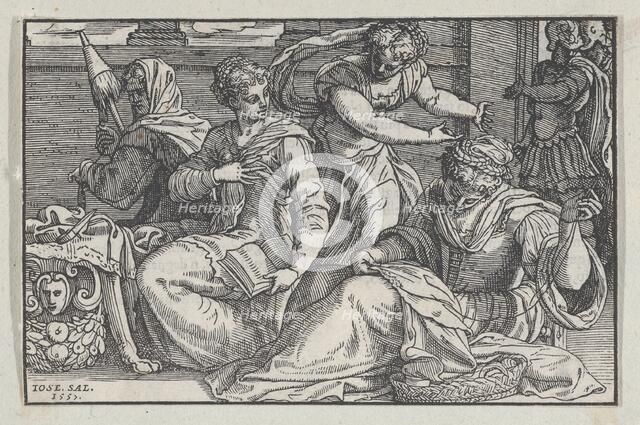 Lucretia instructing her daughters in needlework, 1557. Creator: Giuseppe Porta.