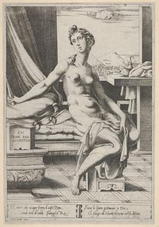 Lucretia naked and seated before a window, a dagger in her right hand and holding d..., ca. 1535-67. Creator: Enea Vico