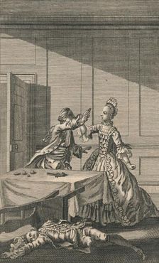 Lucy attempting to shoot herself, after killing Mr. Wimple 18th century. Creator: Unknown