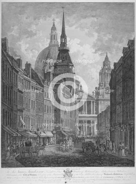 Ludgate Hill, Church of St Martin within Ludgate and St Paul's Cathedral, City of London, 1795. Artist: Thomas Malton II