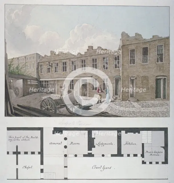 Ludgate Prison with a plan of the London Workhouse, Bishopsgate, beneath, City of London, 1818. Artist: Robert Blemmell Schnebbelie