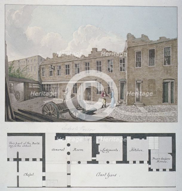 Ludgate Prison with a plan of the London Workhouse, Bishopsgate, beneath, City of London, 1818. Artist: Robert Blemmell Schnebbelie