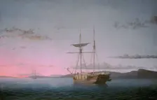 Lumber Schooners at Evening on Penobscot Bay, 1863. Creator: Fitz Hugh Lane