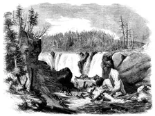 Lumbering in New Brunswick - Driving Logs down the Falls of the St. John, 1858. Creator: Unknown