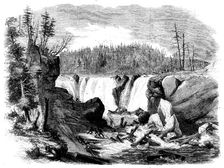 Lumbering in New Brunswick - Driving Logs down the Falls of the St. John, 1858. Creator: Unknown