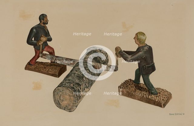 Lumberjacks Sawing a Log, 1939. Creator: Frank Eiseman.