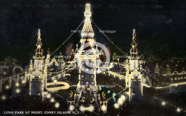 Luna Park at night, Coney Island, New York City, New York, USA, 1916. Artist: Unknown