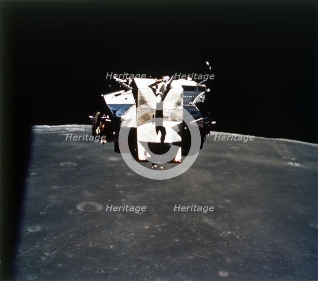 Lunar Module above the Moon, Apollo 16 mission, April 1972. Creator: Thomas Mattingly.