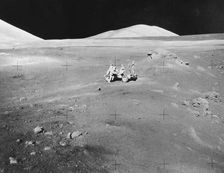 Lunarscape of Station 4, showing Harrison Schmitt at the lunar roving vehicle, 1972. Creator: Unknown