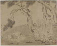 Luohan, attendant, and worshipper under pines, Yuan or Ming dynasty, 1279-1644. Creator: Unknown