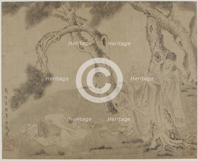 Luohan, attendant, and worshipper under pines, Yuan or Ming dynasty, 1279-1644. Creator: Unknown.