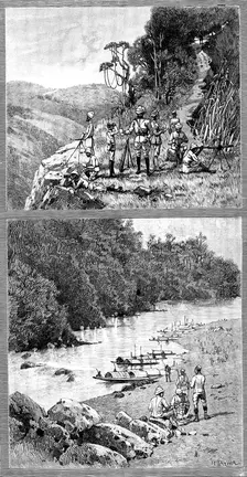 Lushai Expedition: signalling party with heliograph; encampment...on the Kurnafuli River, 1890. Creator: R. Taylor