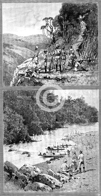Lushai Expedition: signalling party with heliograph; encampment...on the Kurnafuli River, 1890. Creator: R. Taylor.