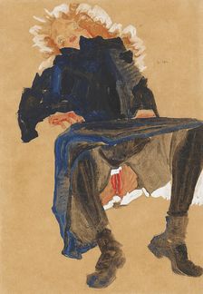 Lying Girl In A Dark Blue Dress, 1910. Creator: Schiele, Egon (1890-1918)