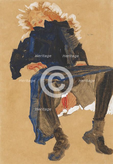 Lying Girl In A Dark Blue Dress, 1910. Creator: Schiele, Egon (1890-1918).