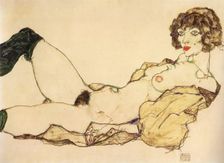 Lying nude with green stockings, 1917