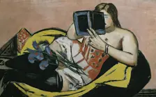Lying woman with book and irises, 1931. Creator: Max Beckmann