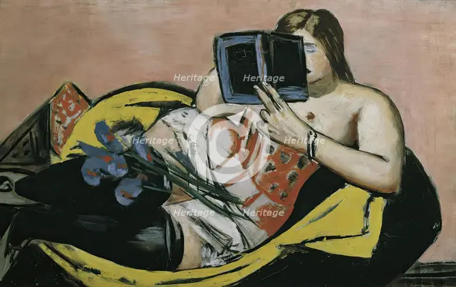 Lying woman with book and irises, 1931. Creator: Max Beckmann.