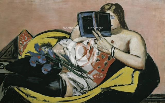 Lying woman with book and irises, 1931. Creator: Max Beckmann.
