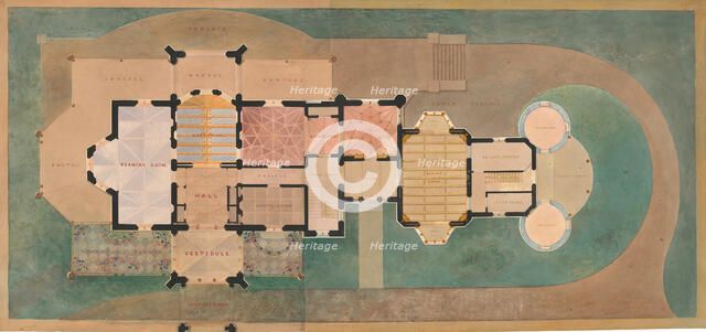 Lyndhurst for George Merritt, Tarrytown, New York (first floor plan), 1865. Creator: Alexander Jackson Davis.
