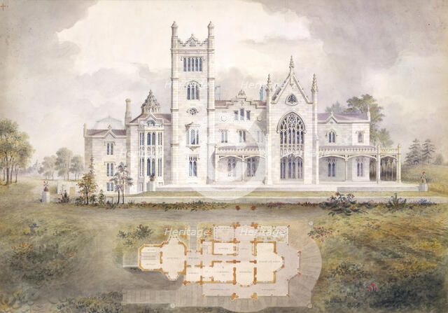 Lyndhurst for George Merritt, Tarrytown, New York (west [rear] elevation and plan), 1865. Creator: Alexander Jackson Davis.