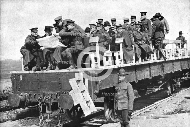 'M. Baker en France; En inspection sur une voie ferree, M. Newton D. Baker, le general..., 1917. Creator: Unknown.