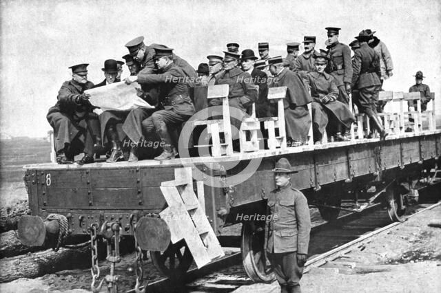 'M. Baker en France; En inspection sur une voie ferree, M. Newton D. Baker, le general..., 1917. Creator: Unknown.
