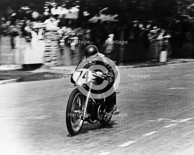M Barrington on a Moto Guzzi bike, Isle of Man TT, 1949. Artist: Unknown