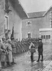 M. Poincare a Verdun; le general Mangin, salue de l'epee le President de la Republique qui..., 1916 Creator: Unknown