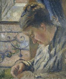 Mme Pissarro sewing beside a Window, c1877. Creator: Camille Pissarro